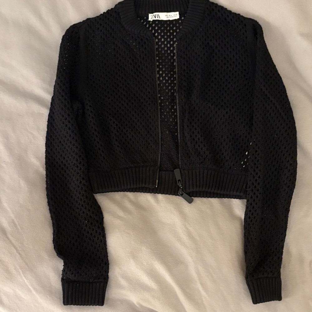 Zara Black Open-Knit cropped Zip Cardigan